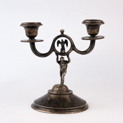 Srebrny dwuramienny świecznik figuralny, Austria. XIX/XX wiek
